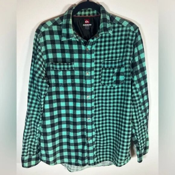 QUIKSILVER size S men’s button snap down shirt, long sleeve, teal color, pockets - Picture 1 of 6